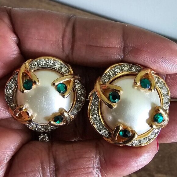 Vintage Birdcage Rhinestone Crystal Button Gold Green Faux Pearl Earrings - Picture 6 of 6